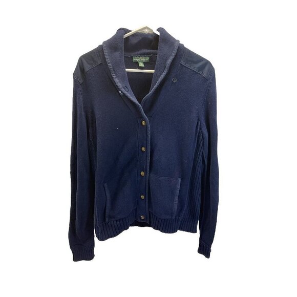 VTG Ralph Lauren Shawl Collar Elbow Patch Gold button blue Nautical Cardigan XL‎ - Picture 1 of 12